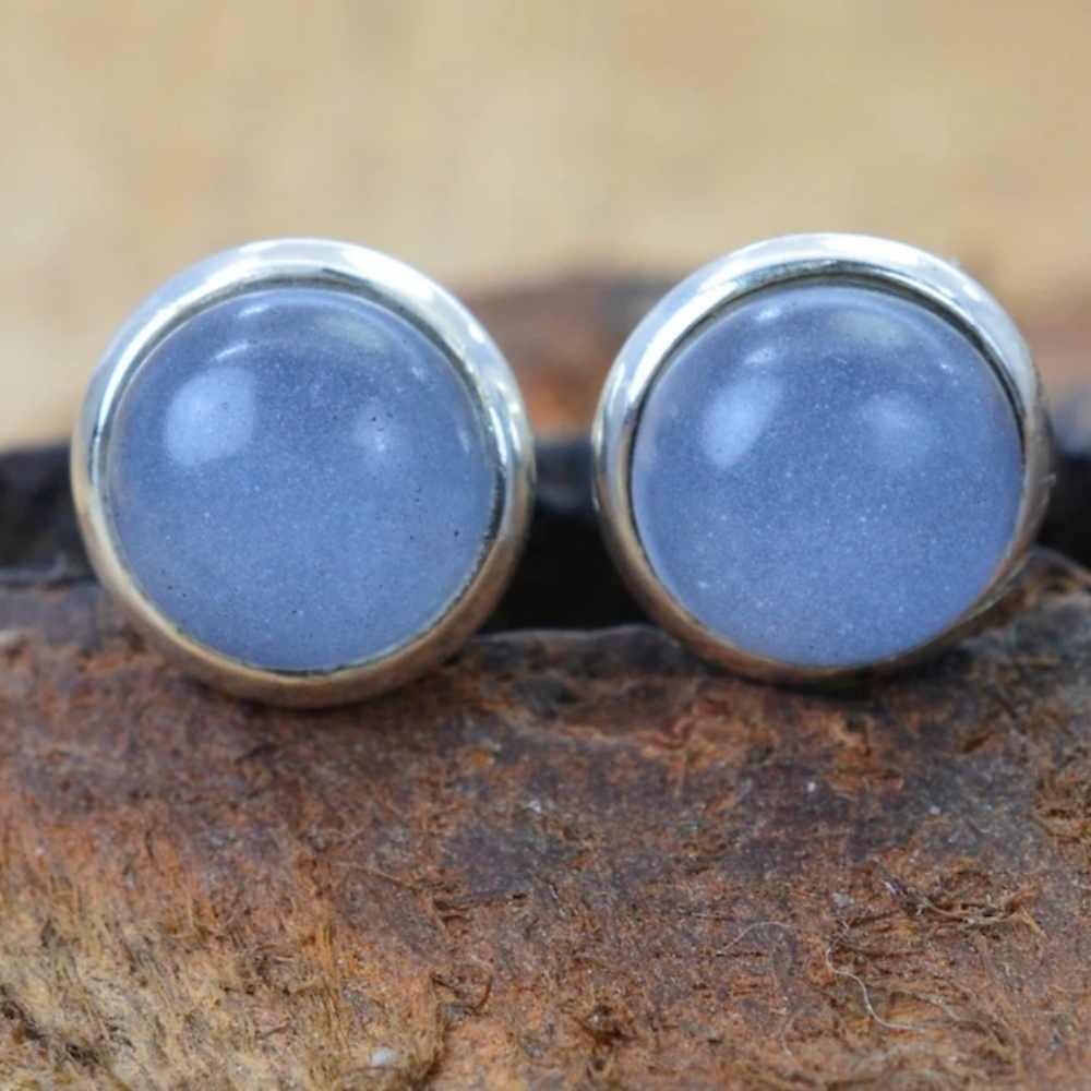 Vintage Imitation blue chalcedony in round silver toned backing stud earrings